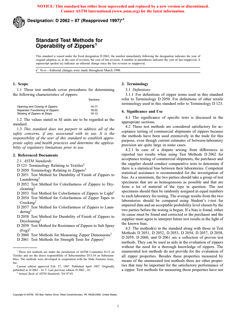 ASTM D2062-87(1997)e1 - Standard Test Methods for Operability of Zippers