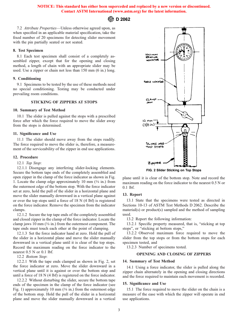 ASTM D2062-87(1997)e1 - Standard Test Methods for Operability of Zippers