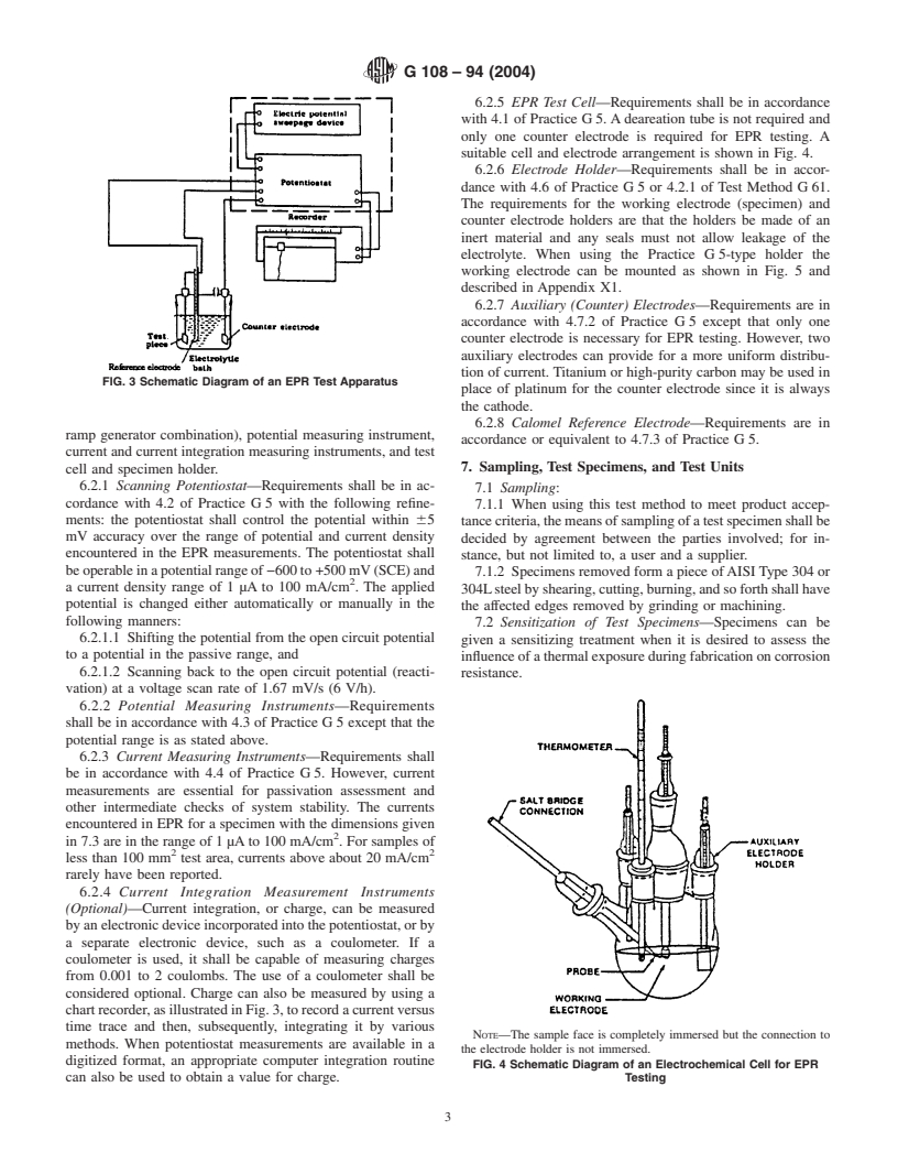 ASTM G108-94(2004) - Standard Test Method for Electrochemical Reactivation (EPR) for Detecting Sensitization of AISI Type 304 and 304L Stainless Steels