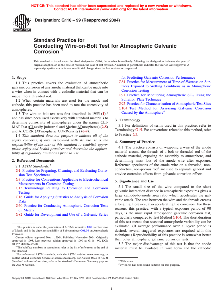 ASTM G116-99(2004) - Standard Practice for Conducting Wire-on-Bolt Test for Atmospheric Galvanic Corrosion