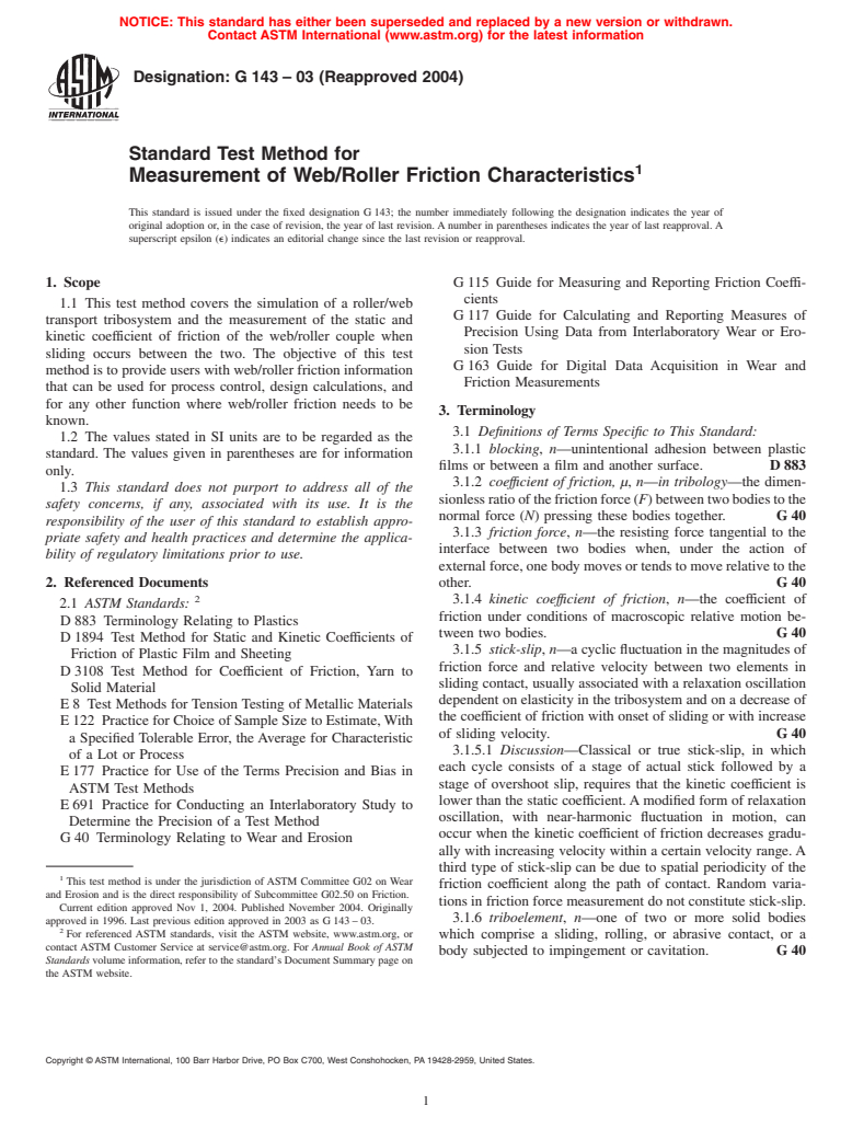 ASTM G143-03(2004) - Standard Test Method for Measurement of Web/Roller Friction Characteristics