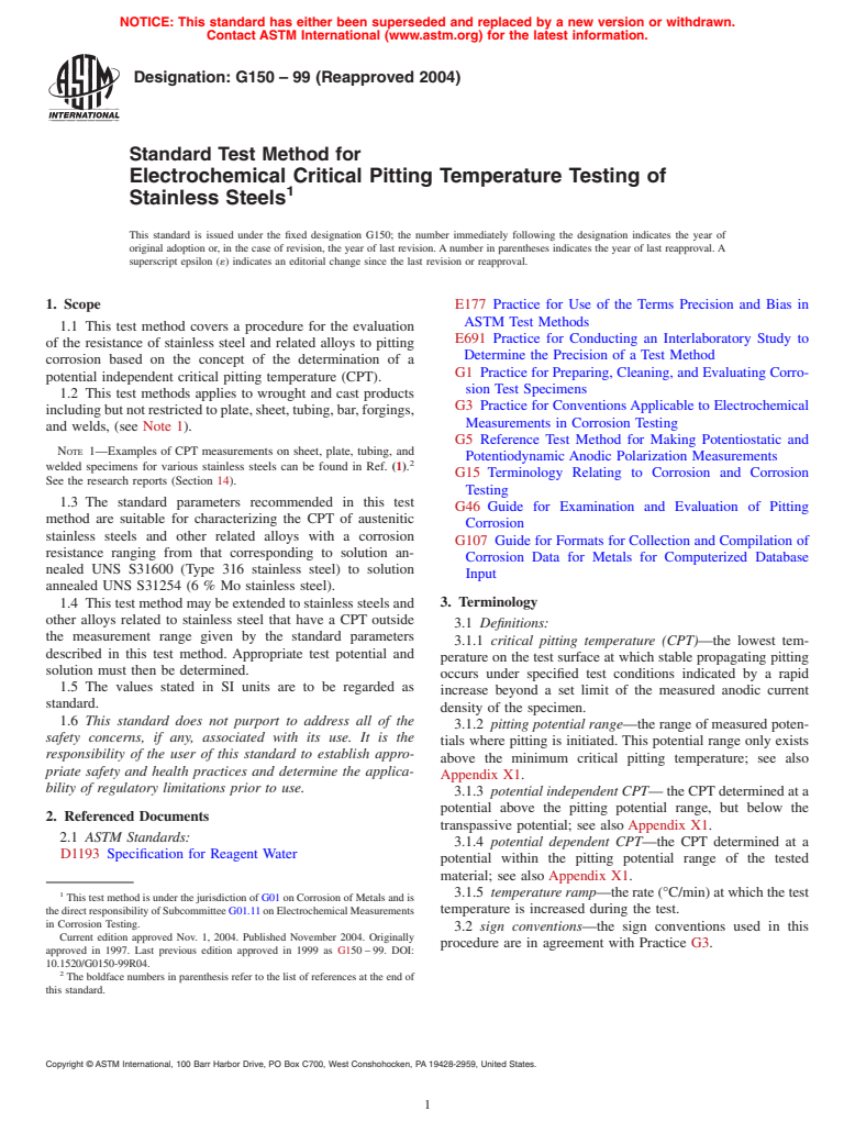 ASTM G150-99(2004) - Standard Test Method for Electrochemical Critical Pitting Temperature Testing of Stainless Steels