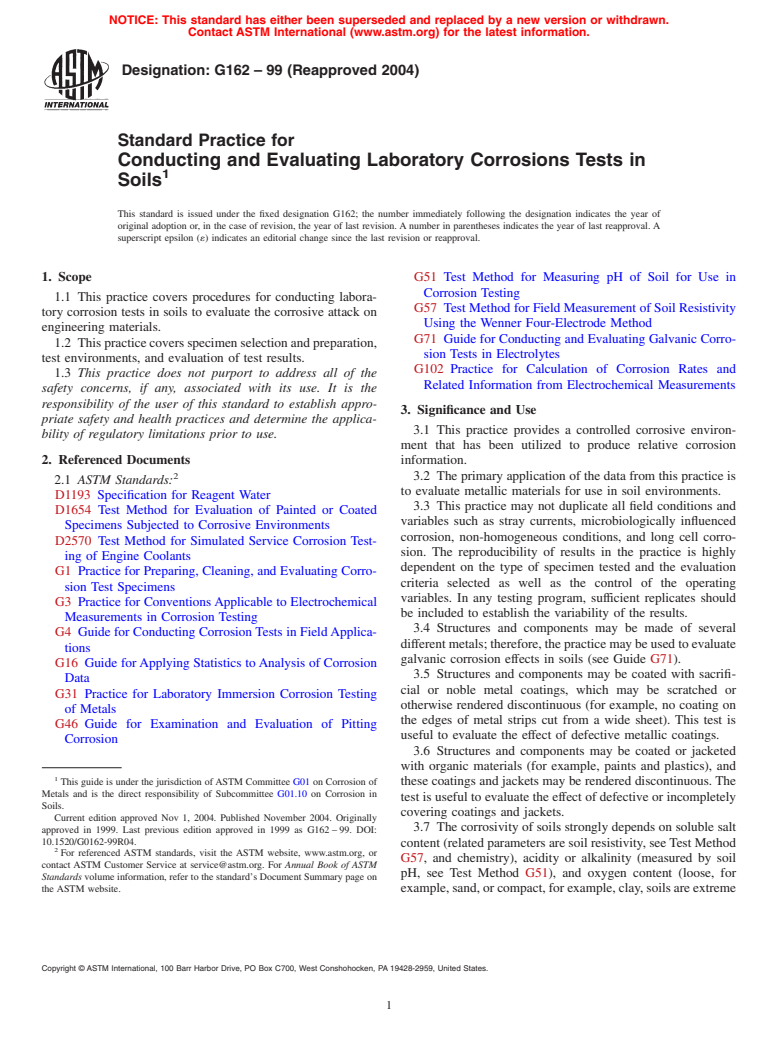 ASTM G162-99(2004) - Standard Practice for Conducting and Evaluating Laboratory Corrosions Tests in Soils