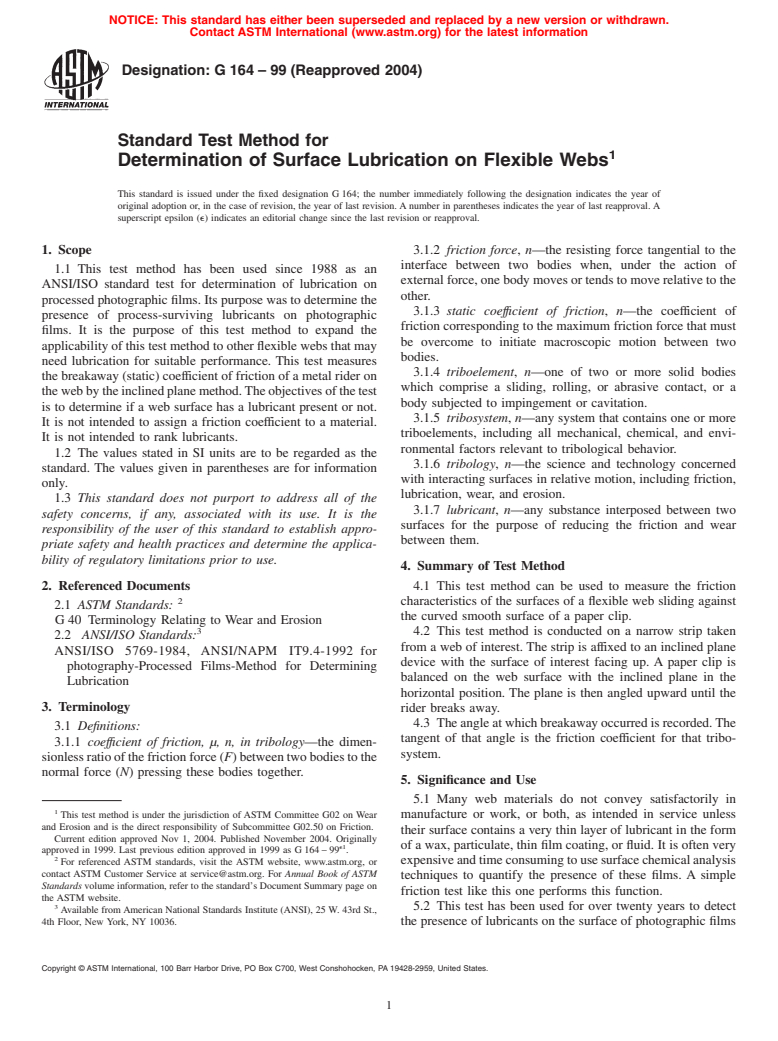 ASTM G164-99(2004) - Standard Test Method for Determination of Surface Lubrication on Flexible Webs