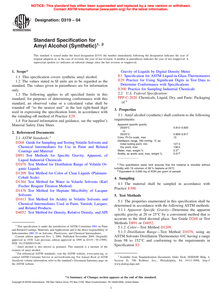 ASTM D319-04 - Standard Specification for Amyl Alcohol (Synthetic) (Withdrawn 2010)