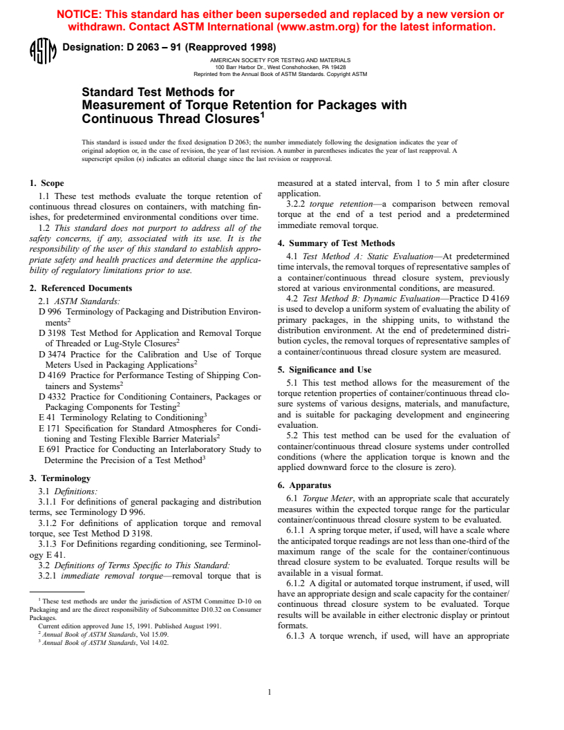 ASTM D2063-91(1998) - Standard Test Methods for Measurement of Torque Retention for Packages with Continuous Thread Closures