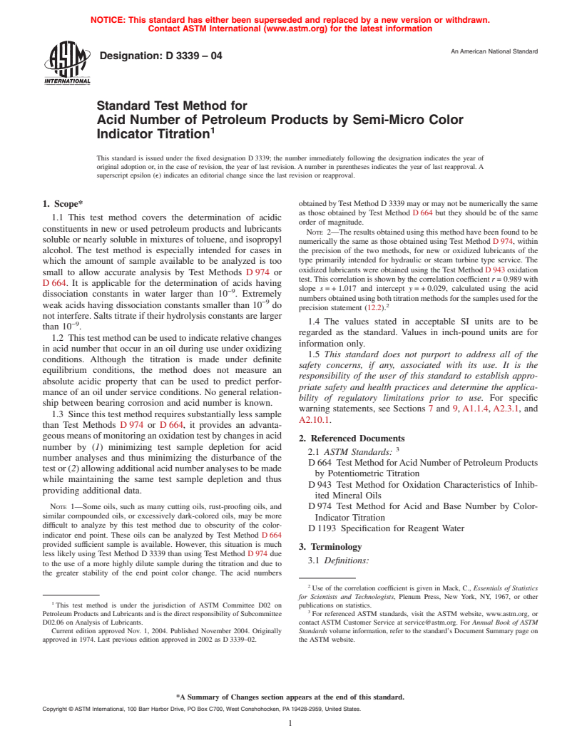 ASTM D3339-04 - Standard Test Method for Acid Number of Petroleum Products by Semi-Micro Color Indicator Titration