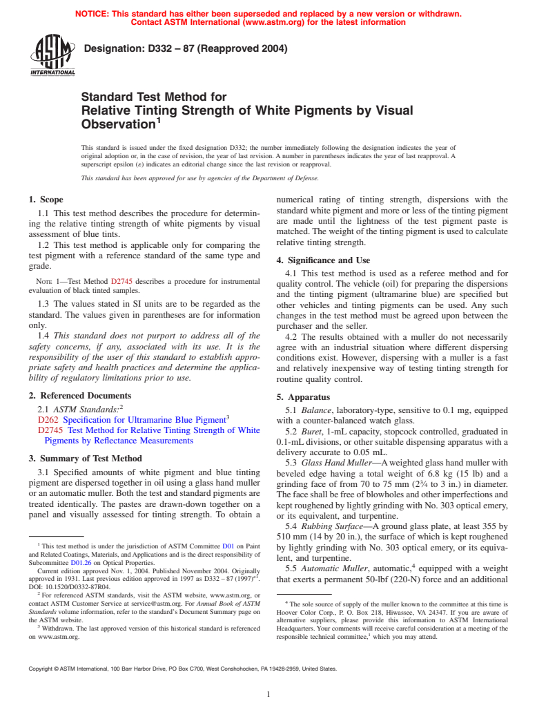 ASTM D332-87(2004) - Standard Test Method for Relative Tinting Strength of White Pigments by Visual Observation