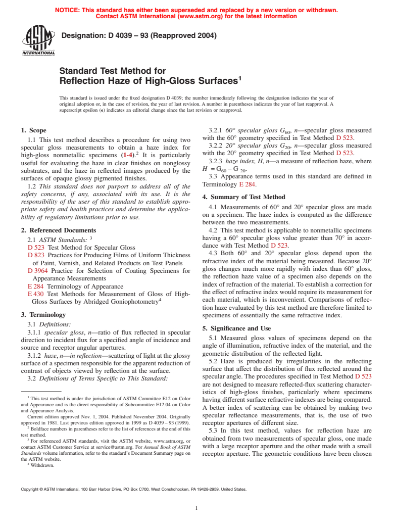 ASTM D4039-93(2004) - Standard Test Method for Reflection Haze of High-Gloss Surfaces