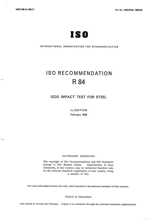 ISO/R 84:1959 - Izod impact test for steel