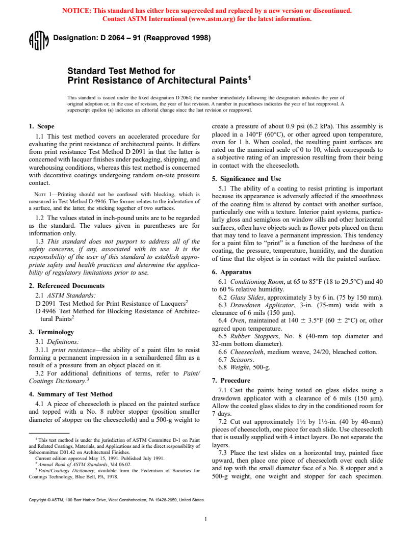 ASTM D2064-91(1998) - Standard Test Method for Print Resistance of Architectural Paints