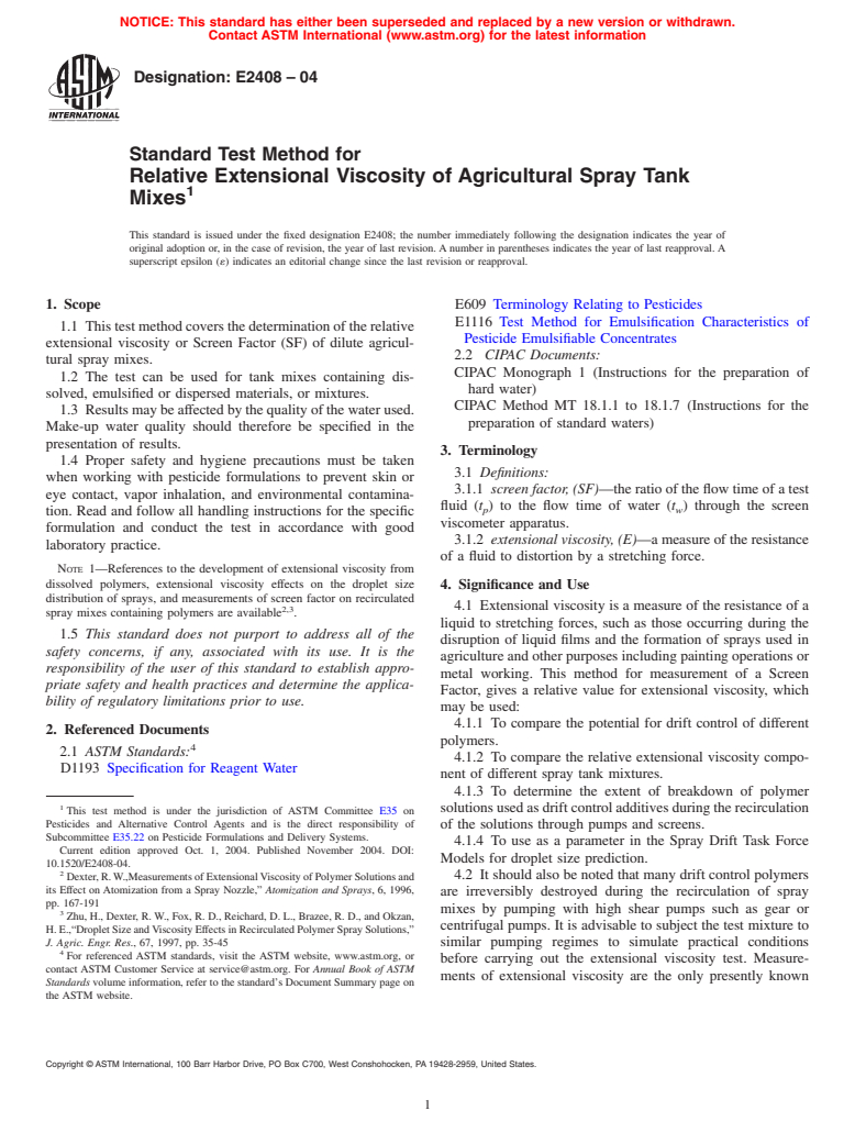 ASTM E2408-04 - Standard Test Method for Relative Extensional Viscosity of Agricultural Spray Tank Mixes