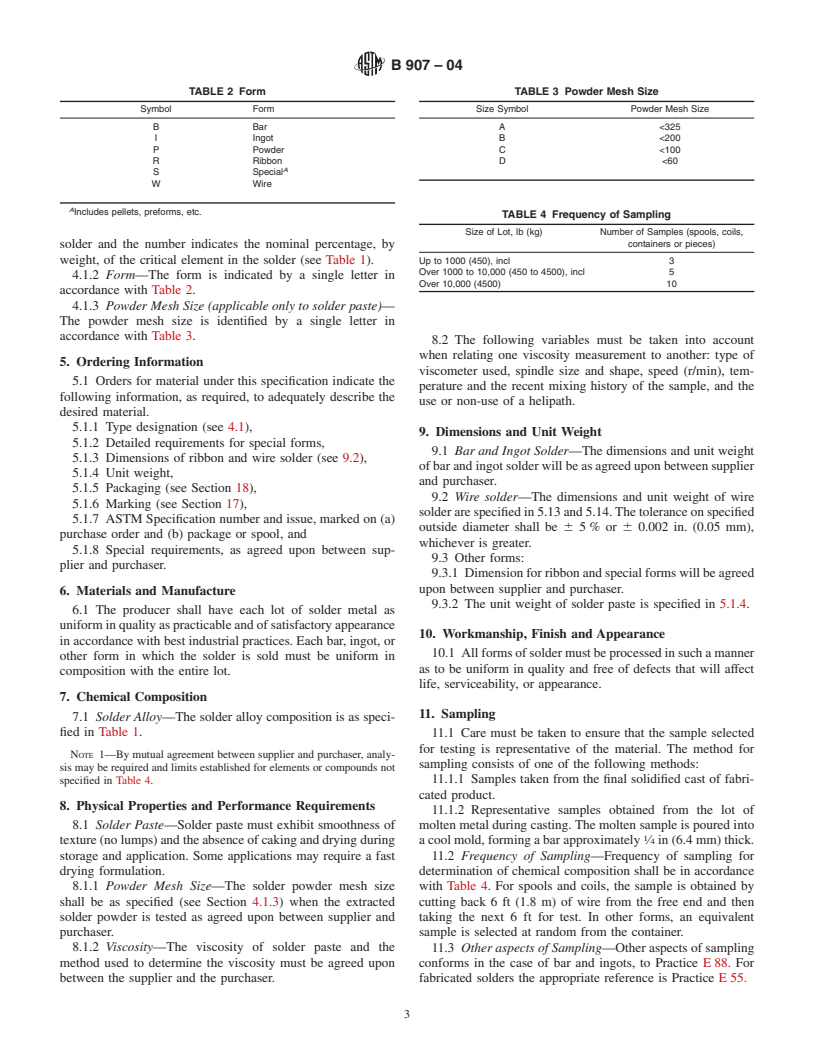 ASTM B907-04 - Standard Specification for Zinc, Tin and Cadmium Base Alloys Used as Solders and for Thermal Spraying