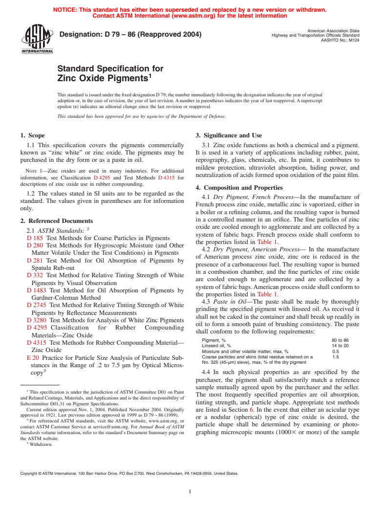 ASTM D79-86(2004) - Standard Specification for Zinc Oxide Pigments