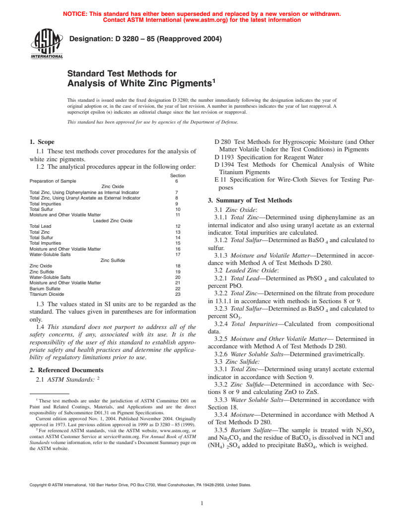 ASTM D3280-85(2004) - Standard Test Methods for Analysis of White Zinc Pigments