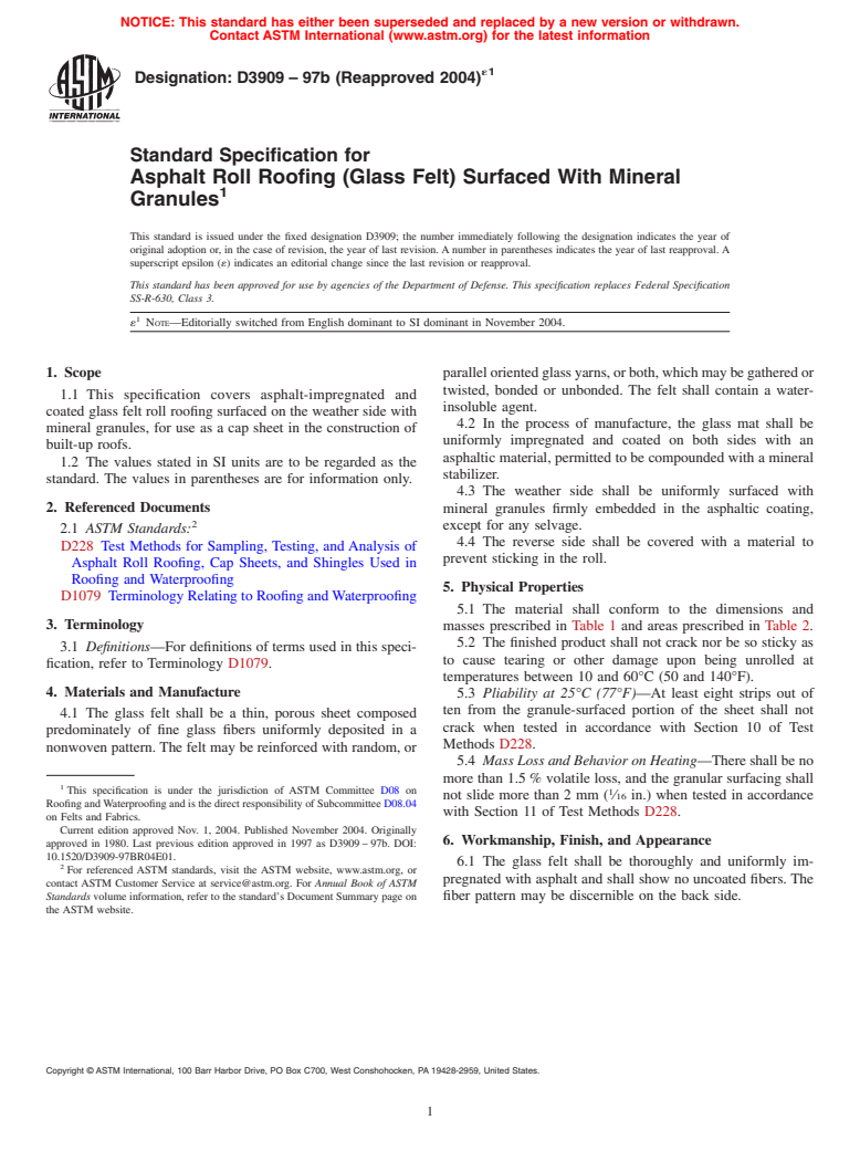 ASTM D3909-97b(2004)e1 - Standard Specification for Asphalt Roll Roofing (Glass Felt) Surfaced With Mineral Granules