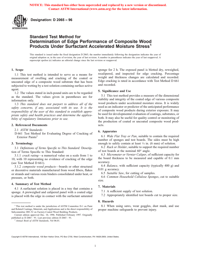 ASTM D2065-96 - Standard Test Method for Determination of Edge Performance of Composite Wood Products Under Surfactant Accelerated Moisture Stress