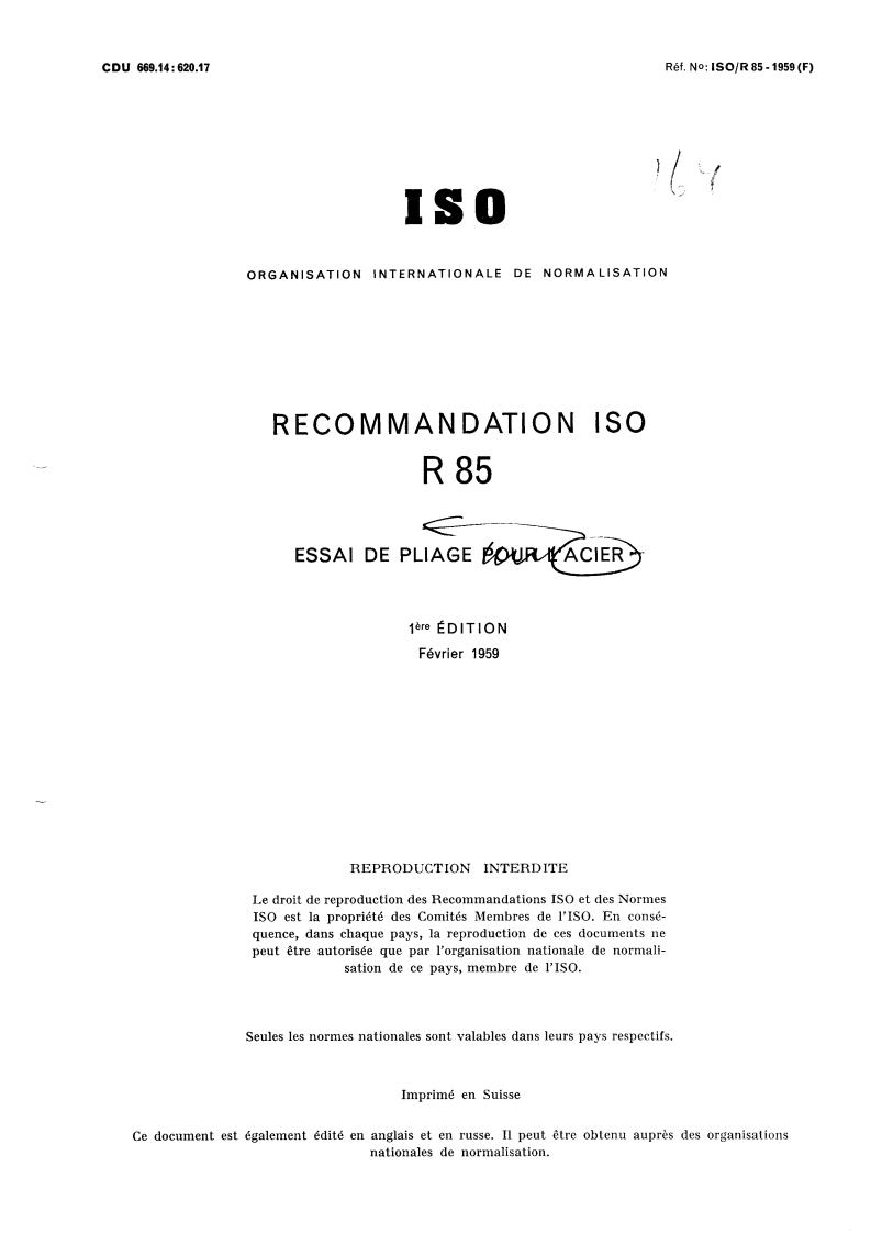 ISO/R 85:1959 - Bend test for steel
Released:2/1/1959