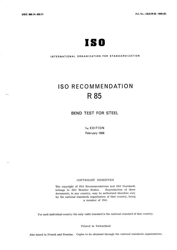ISO/R 85:1959 - Bend test for steel