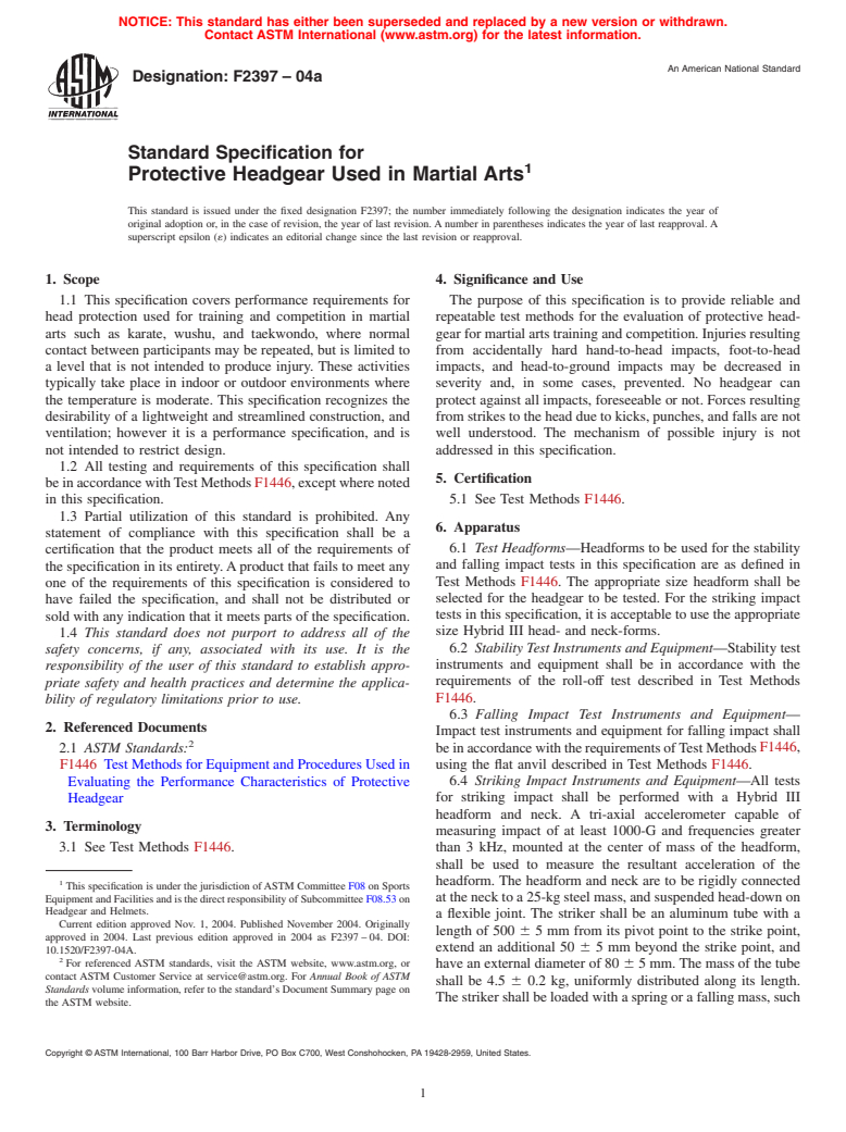 ASTM F2397-04a - Standard Specification for Protective Headgear Used in Martial Arts