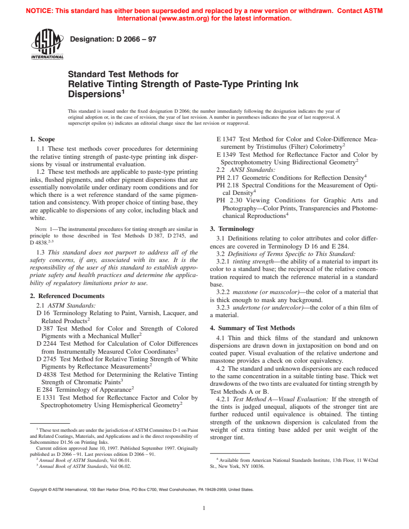 ASTM D2066-97 - Standard Test Methods for Relative Tinting Strength of Paste-Type Printing Ink Dispersions