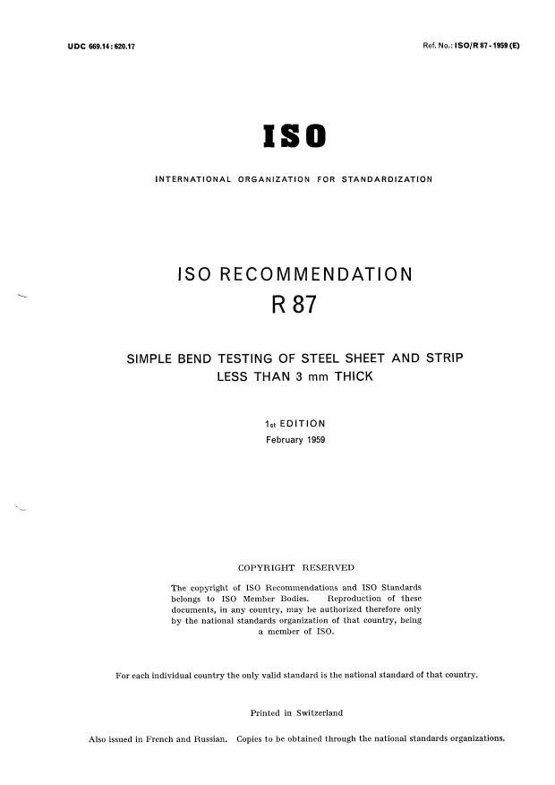 ISO/R 87:1959 - Simple bend testing of steel sheet and strip less than 3 mm thick