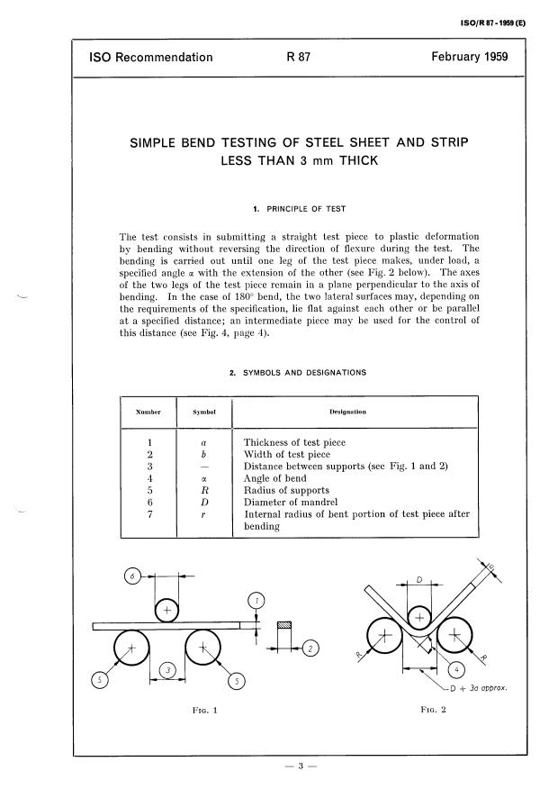 ISO/R 87:1959 - Simple bend testing of steel sheet and strip less than 3 mm thick
