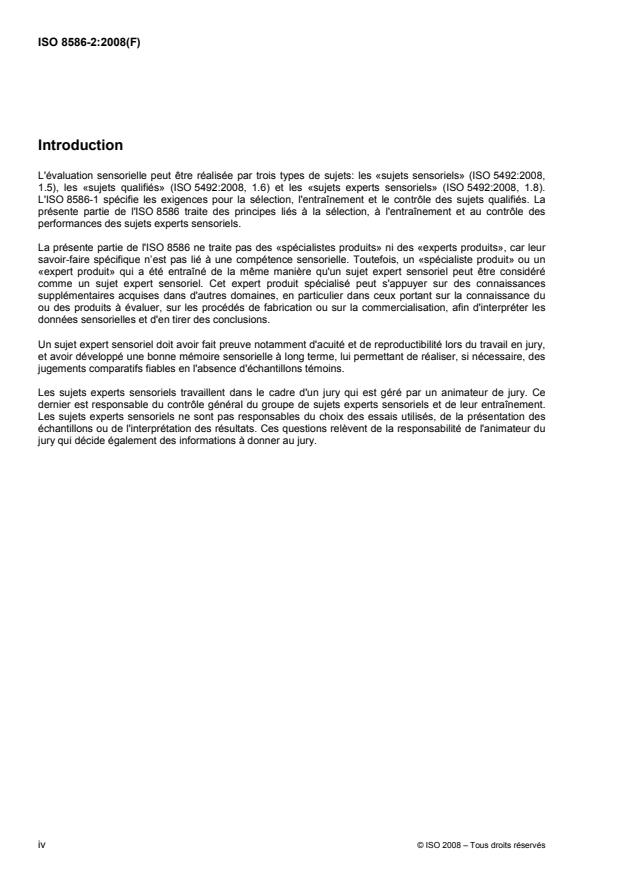 ISO 8586-2:2008 ISO 8586-2:2008 - Analyse sensorielle -- Lignes directrices générales pour la sélection, l'entraînement et le contrôle des sujets - Page 4 preview