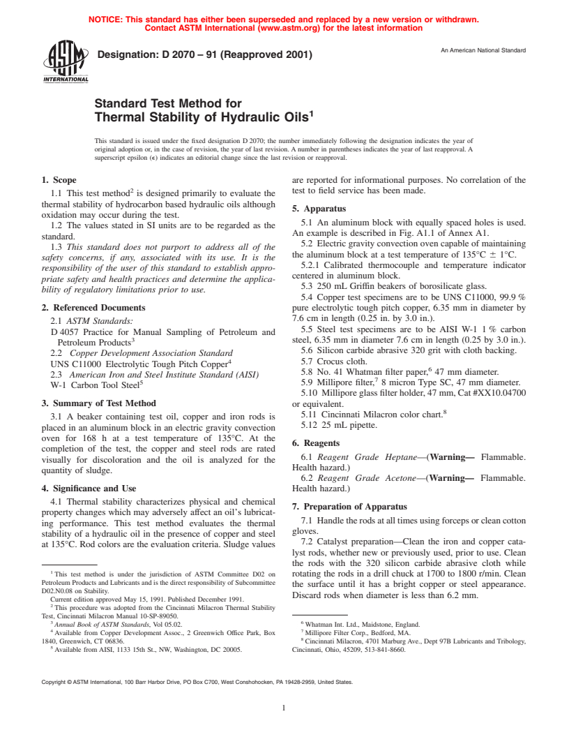 ASTM D2070-91(2001) - Standard Test Method for Thermal Stability of Hydraulic Oils