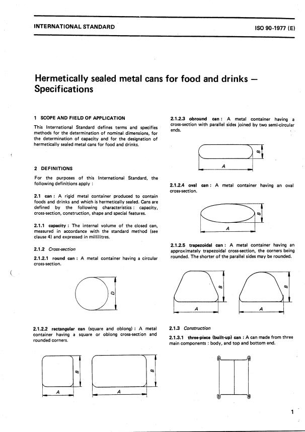 ISO 90:1977 - Hermetically sealed metal cans for food and drinks -- Specifications