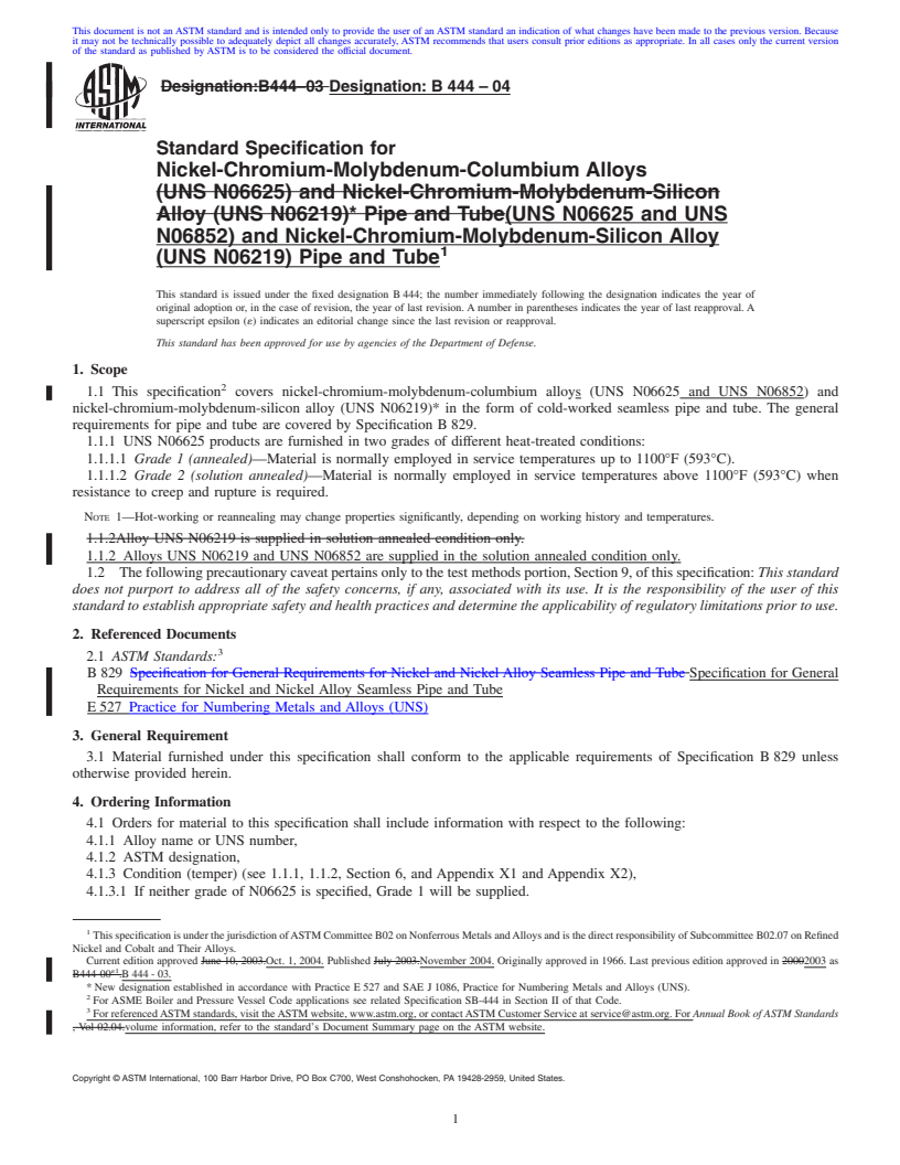 REDLINE ASTM B444-04 - Standard Specification for Nickel-Chromium-Molybdenum-Columbium Alloys (UNS N06625) and Nickel-Chromium-Molybdenum-Silicon Alloy (UNS N06219) Pipe and Tube