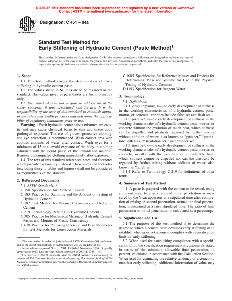 ASTM C451-04a - Standard Test Method for Early Stiffening of Hydraulic Cement (Paste Method)