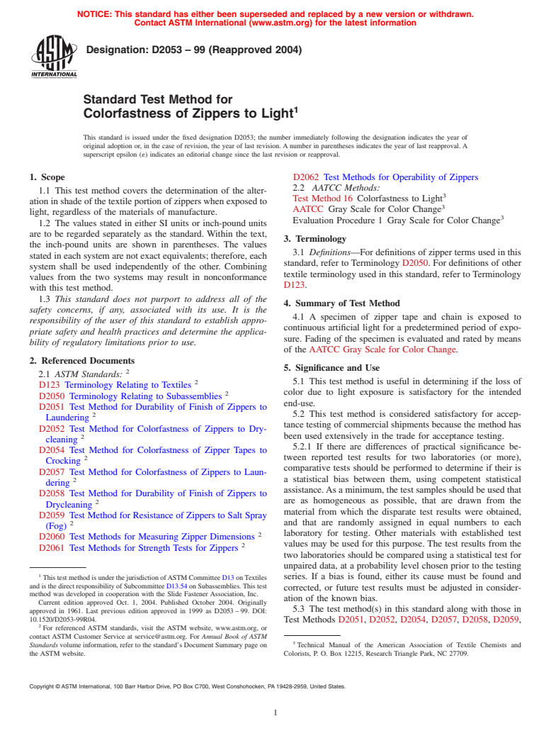 ASTM D2053-99(2004) - Standard Test Method for Colorfastness of Zippers to Light