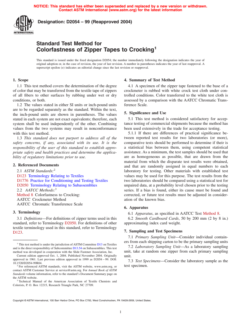 ASTM D2054-99(2004) - Standard Test Method for Colorfastness of Zipper Tapes to Crocking