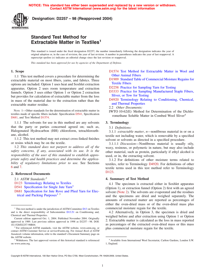 ASTM D2257-98(2004) - Standard Test Method for Extractable Matter in Textiles