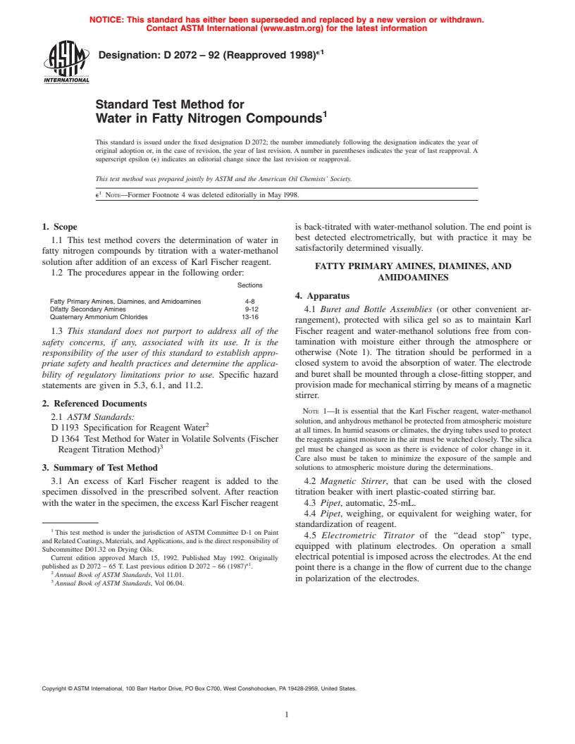 ASTM D2072-92(1998)e1 - Standard Test Method for Water in Fatty Nitrogen Compounds (Withdrawn 2007)