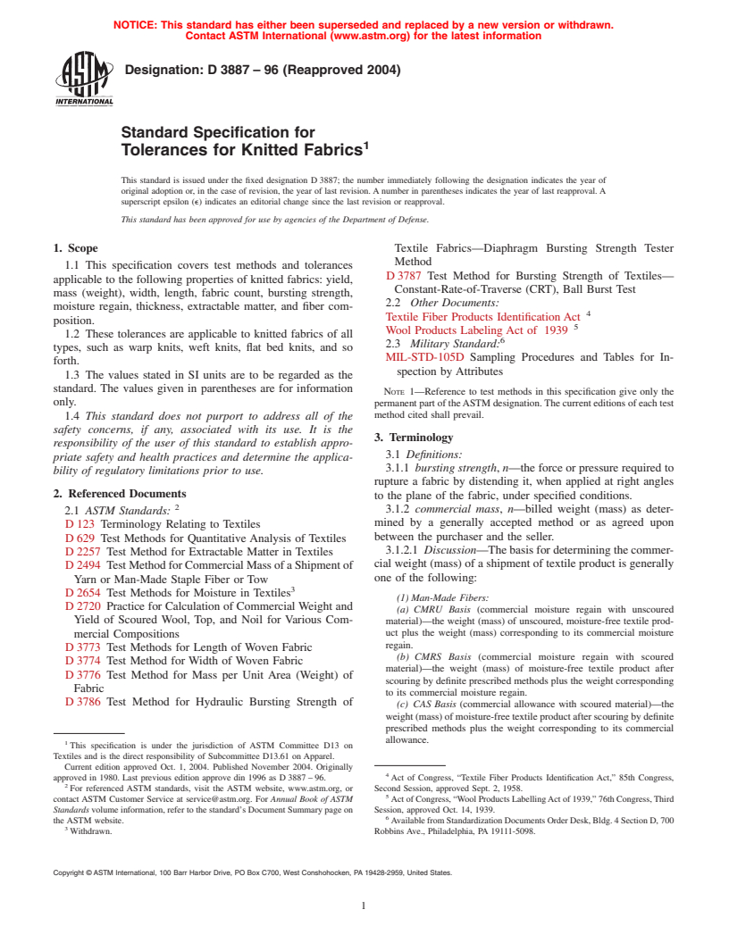 ASTM D3887-96(2004) - Standard Specification for Tolerances for Knitted Fabrics