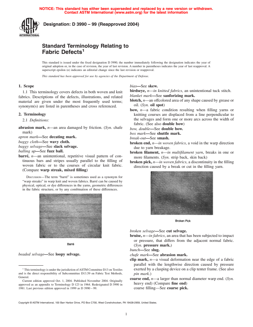 ASTM D3990-99(2004) - Standard Terminology Relating to Fabric Defects