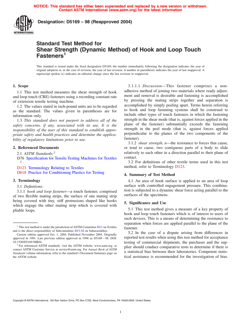 ASTM D5169-98(2004) - Standard Test Method for Shear Strength (Dynamic Method) of Hook and Loop Touch Fasteners