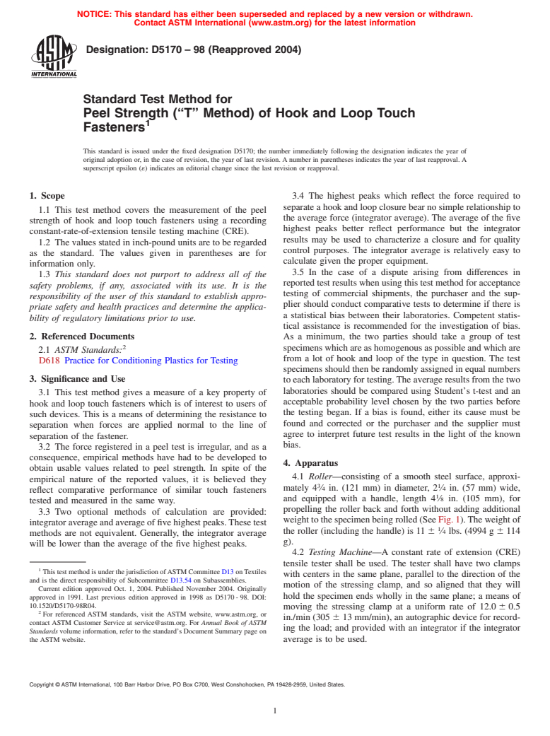 ASTM D5170-98(2004) - Standard Test Method for Peel Strength ("T" Method) of Hook and Loop Touch Fasteners