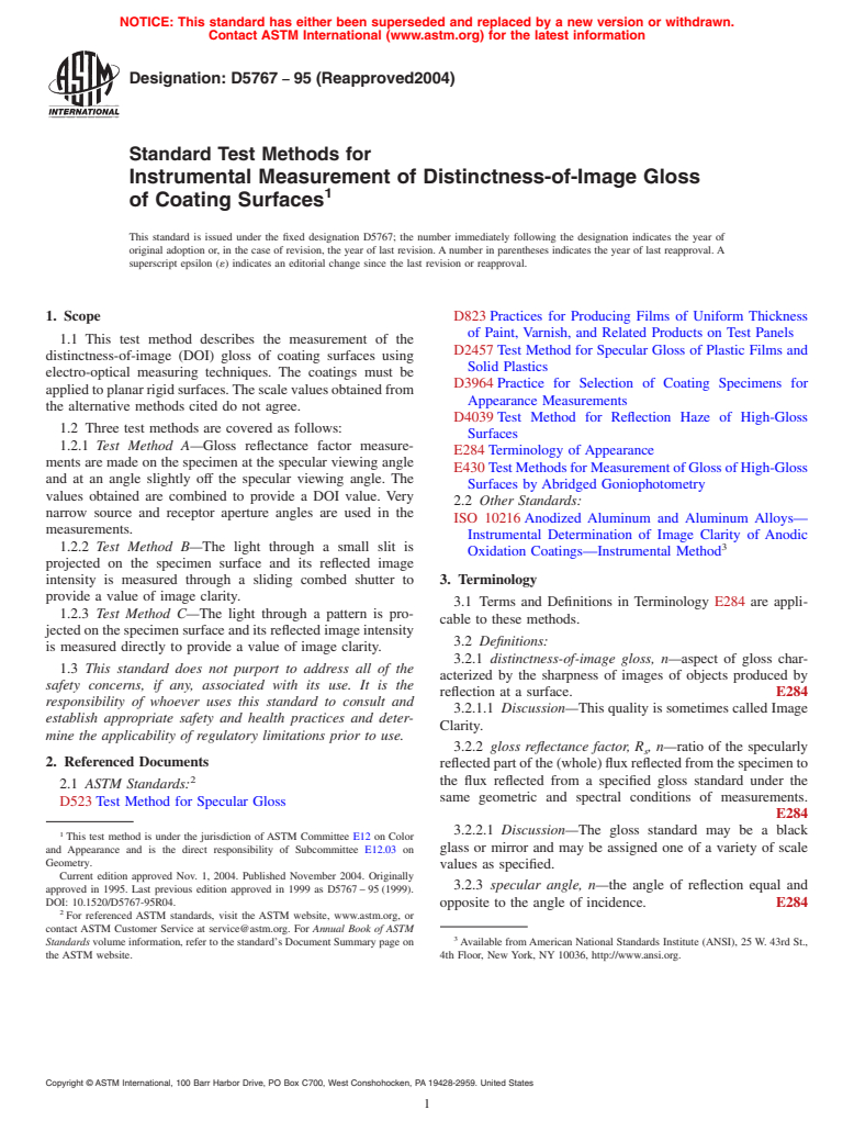 ASTM D5767-95(2004) - Standard Test Methods for Instrumental Measurement of Distinctness-of-Image Gloss of Coating Surfaces