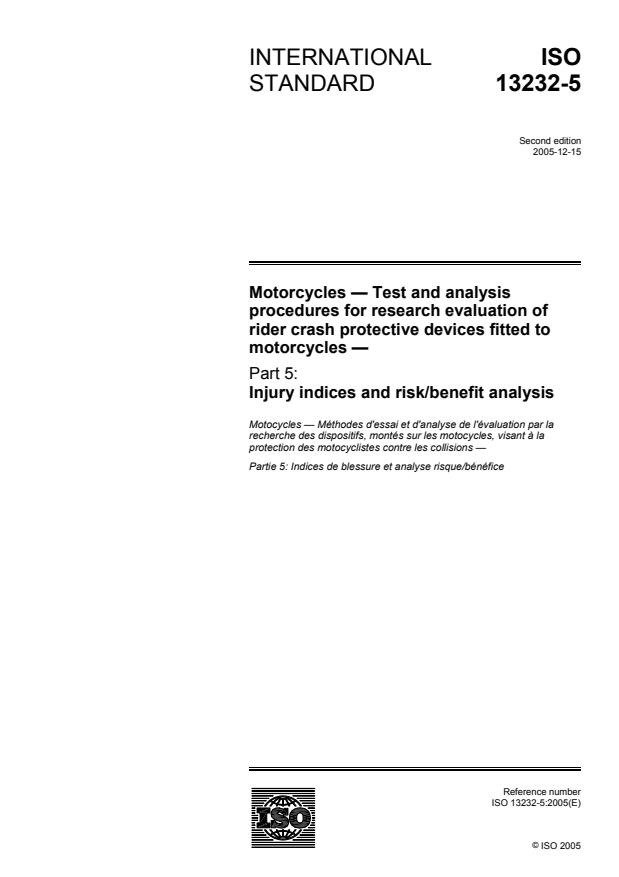 ISO 13232-5:2005 - Motorcycles -- Test and analysis procedures for research evaluation of rider crash protective devices fitted to motorcycles