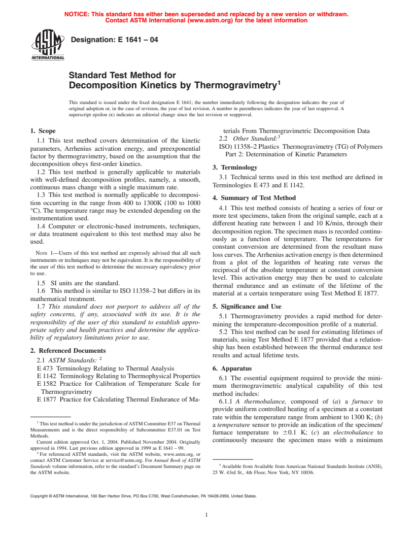 ASTM E1641-04 - Standard Test Method for Decomposition Kinetics by Thermogravimetry