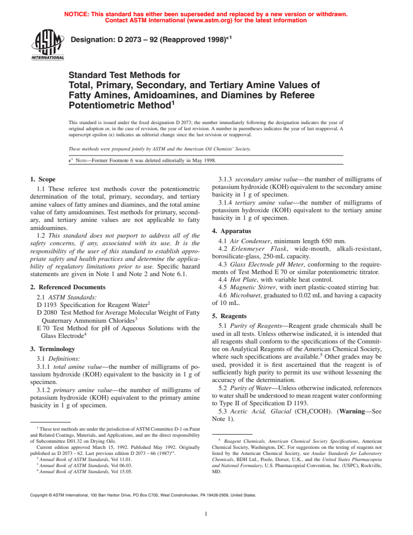 ASTM D2073-92(1998)e1 - Standard Test Methods for Total, Primary, Secondary, and Tertiary Amine Values of Fatty Amines, Amidoamines, and Diamines by Referee Potentiometric Method (Withdrawn 2007)