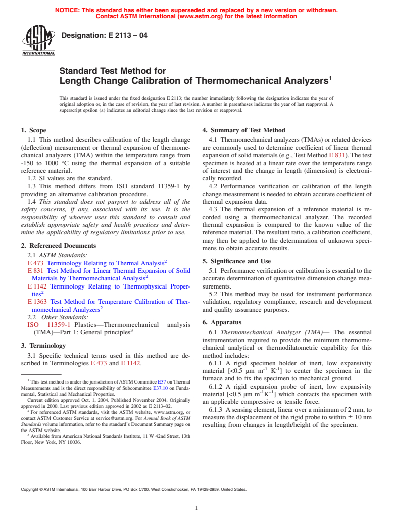ASTM E2113-04 - Standard Test Method for Length Change Calibration of Thermomechanical Analyzers