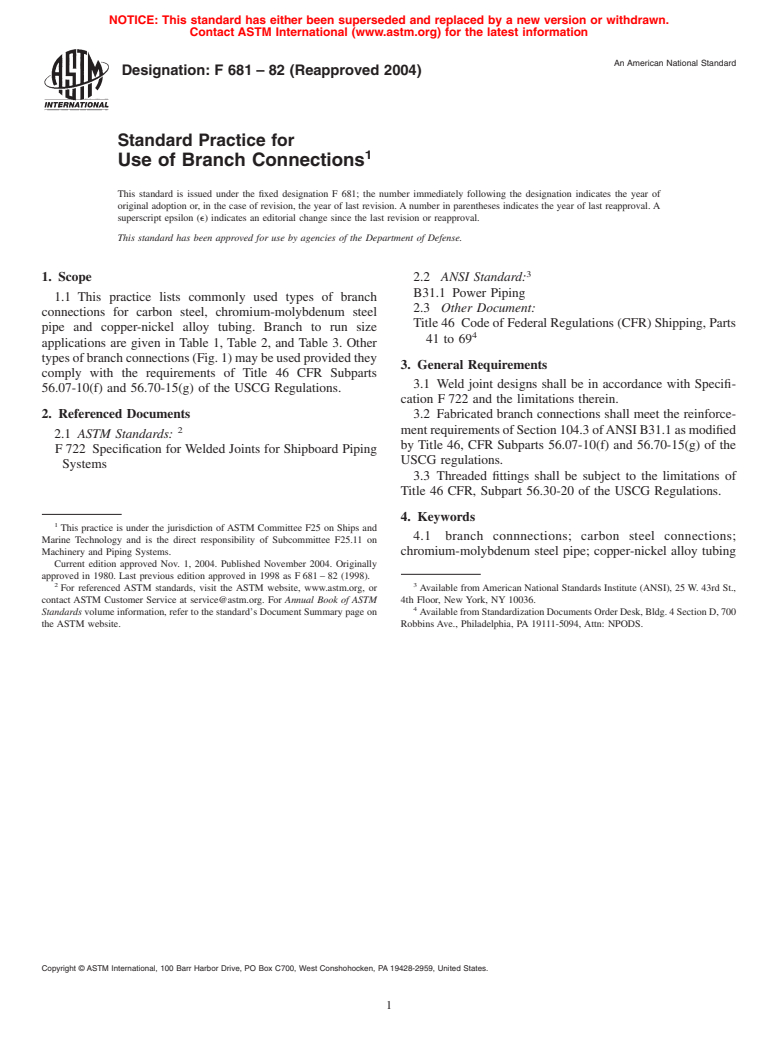 ASTM F681-82(2004) - Standard Practice for Use of Branch Connections