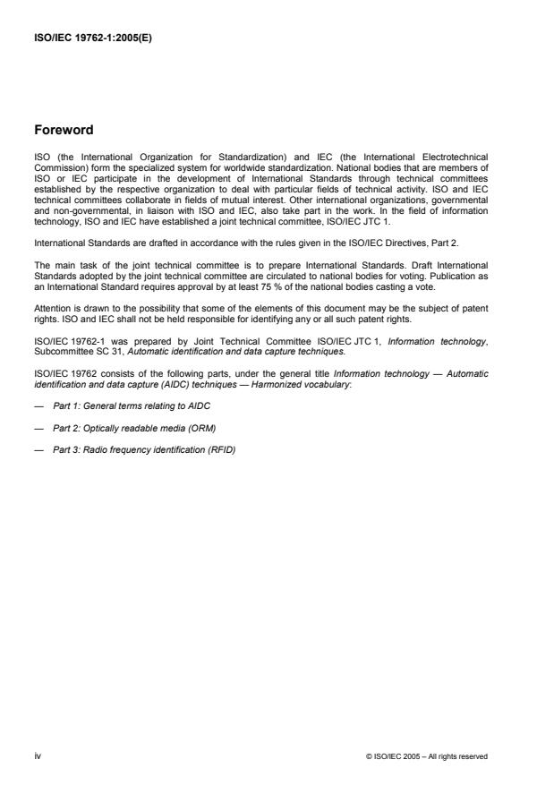 ISO/IEC 19762-1:2005 ISO/IEC 19762-1:2005 - Information technology -- Automatic identification and data capture (AIDC) techniques -- Harmonized vocabulary - Page 4 preview