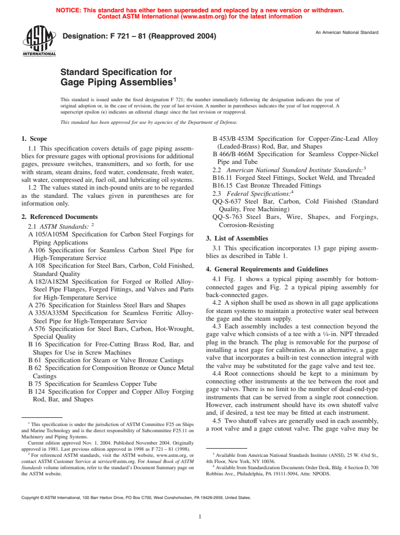 ASTM F721-81(2004) - Standard Specification for Gage Piping Assemblies