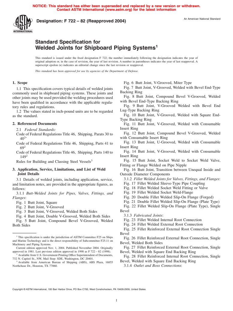 ASTM F722-82(2004) - Standard Specification for Welded Joints for Shipboard Piping Systems