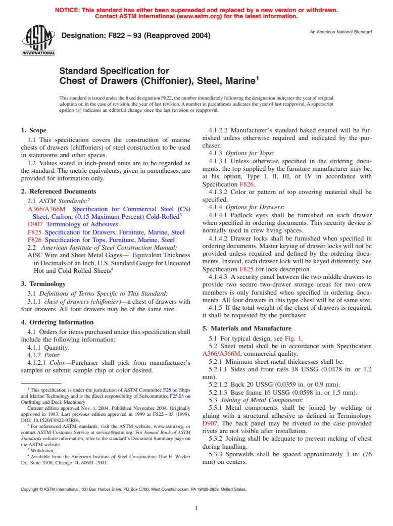 ASTM F822-93(2004) - Standard Specification for Chest of Drawers (Chiffonier), Steel, Marine